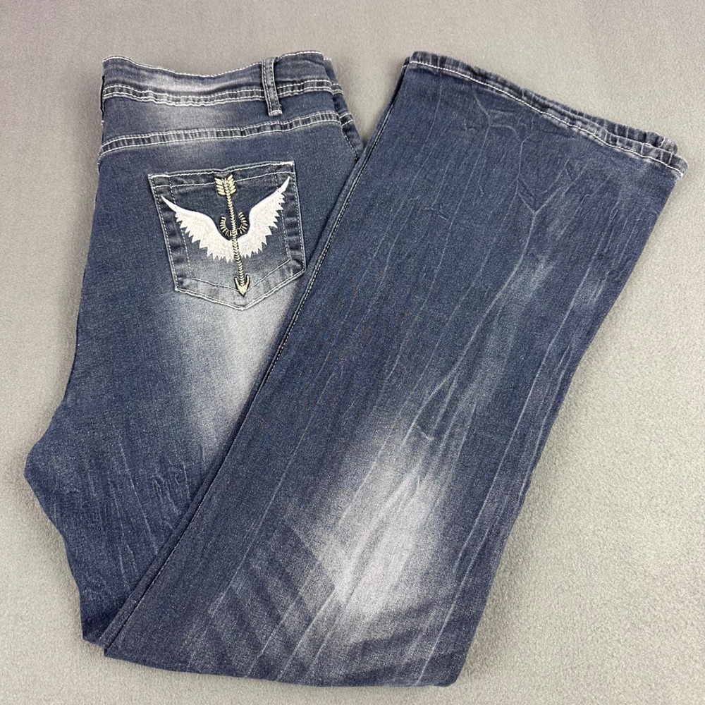 Unbranded Y2K Angel Wing Arrow Embroidered Flare Jeans Dark Wash XXL